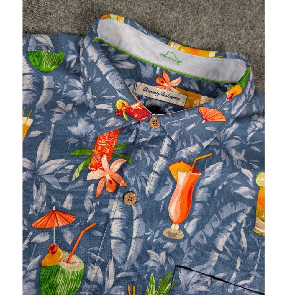 Tommy Bahama Button Up Shirt Mens XL Blue Tropical Cocktail Happy Hour 100% Silk